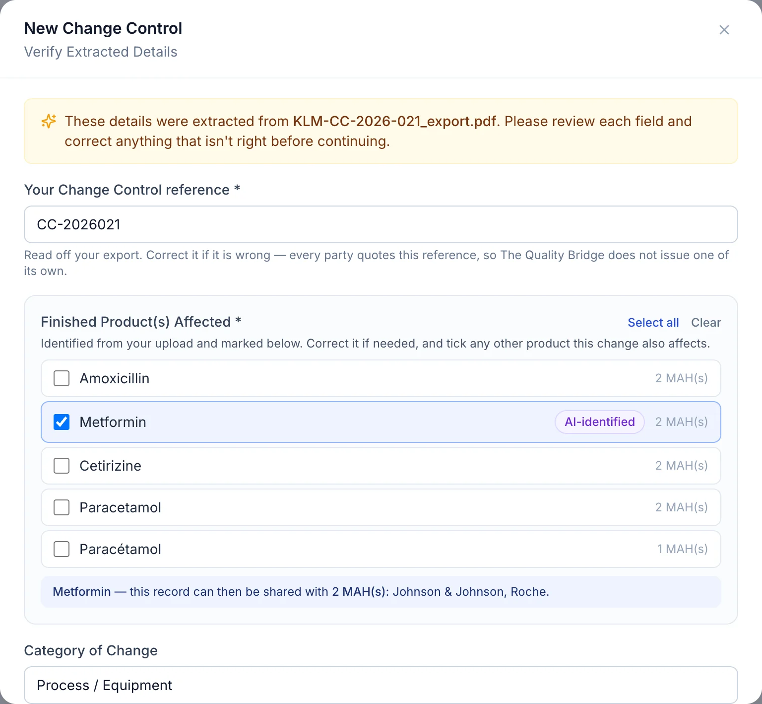 Extraction verification: every proposed field checked by the CMO before the change control moves