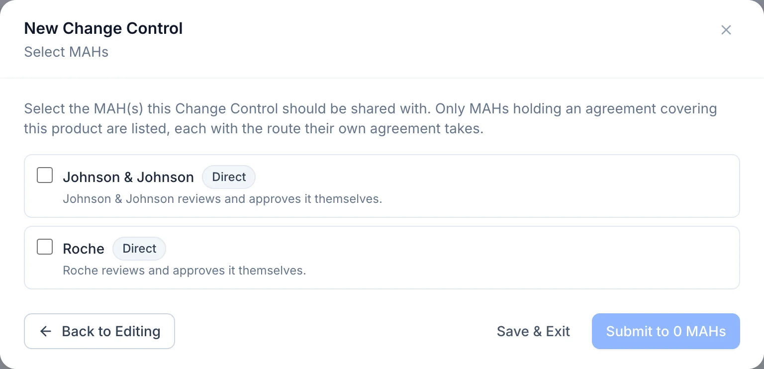 Choosing which MAHs receive the change control, from the product entitlements